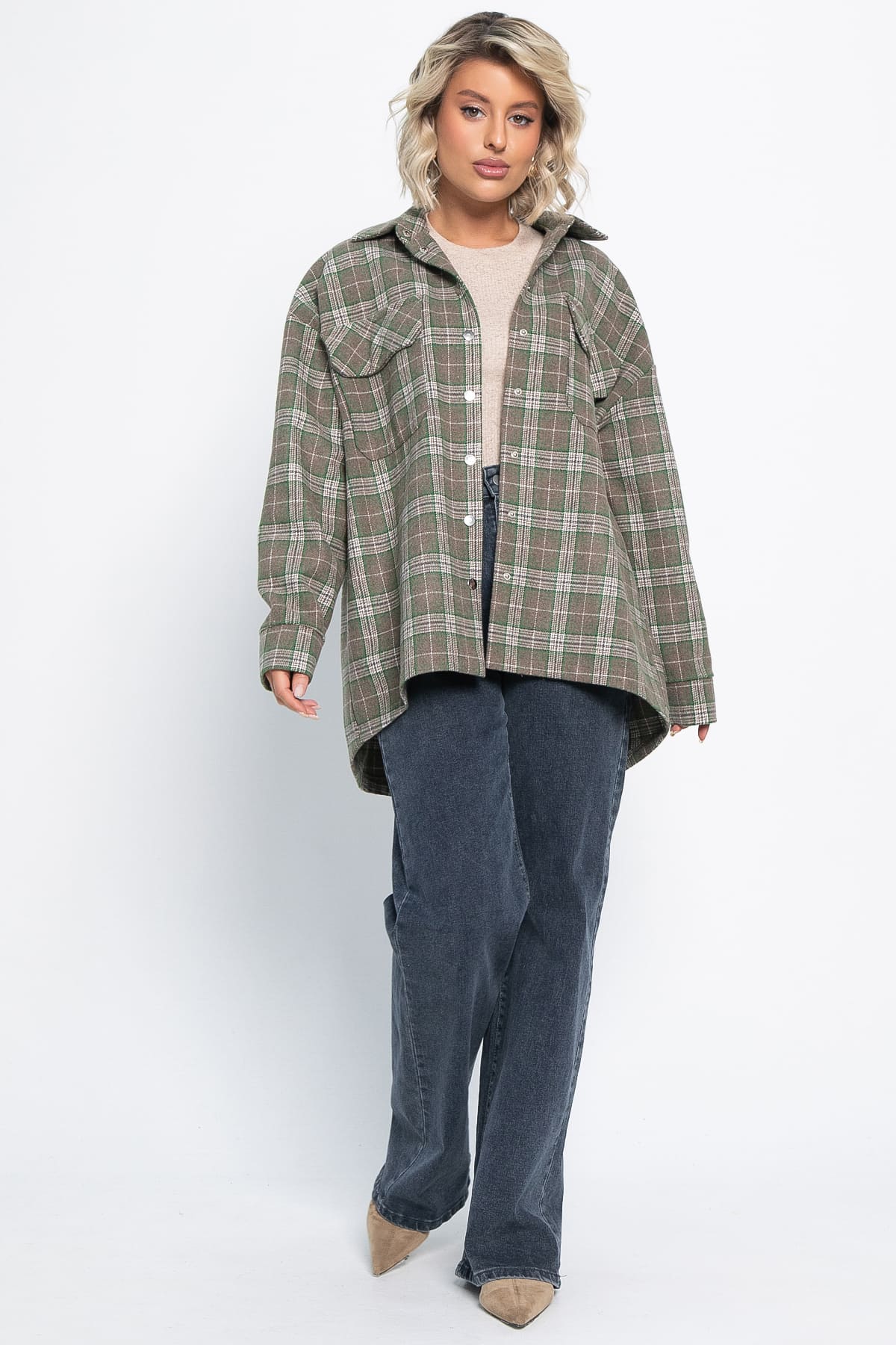 Пальто-рубашка Хармони (зелено-коричневая) Б15040-5М