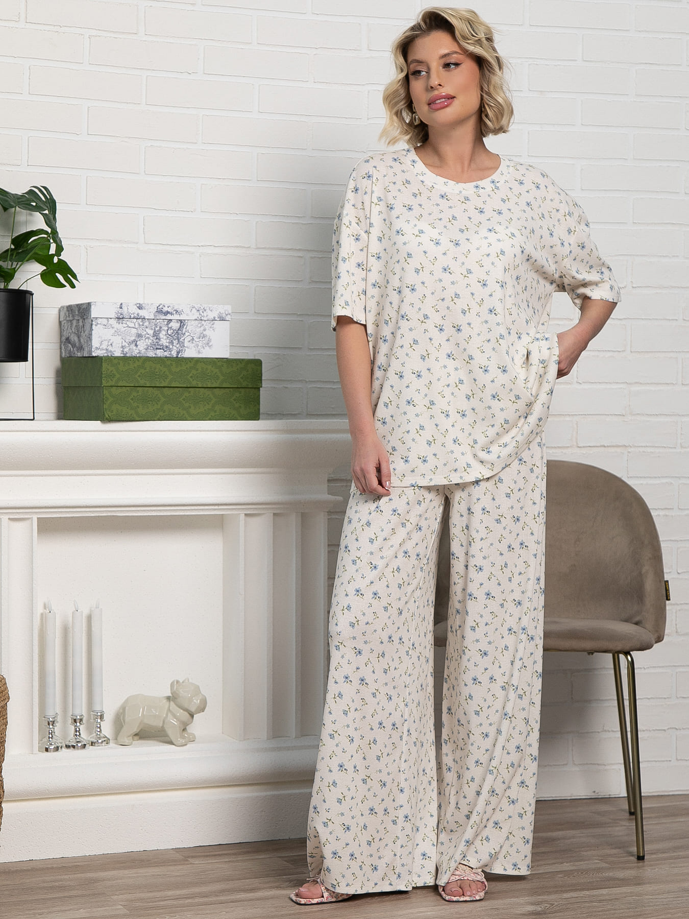 Костюм домашний с брюками Мона (бежево-голубой) К15210-1М