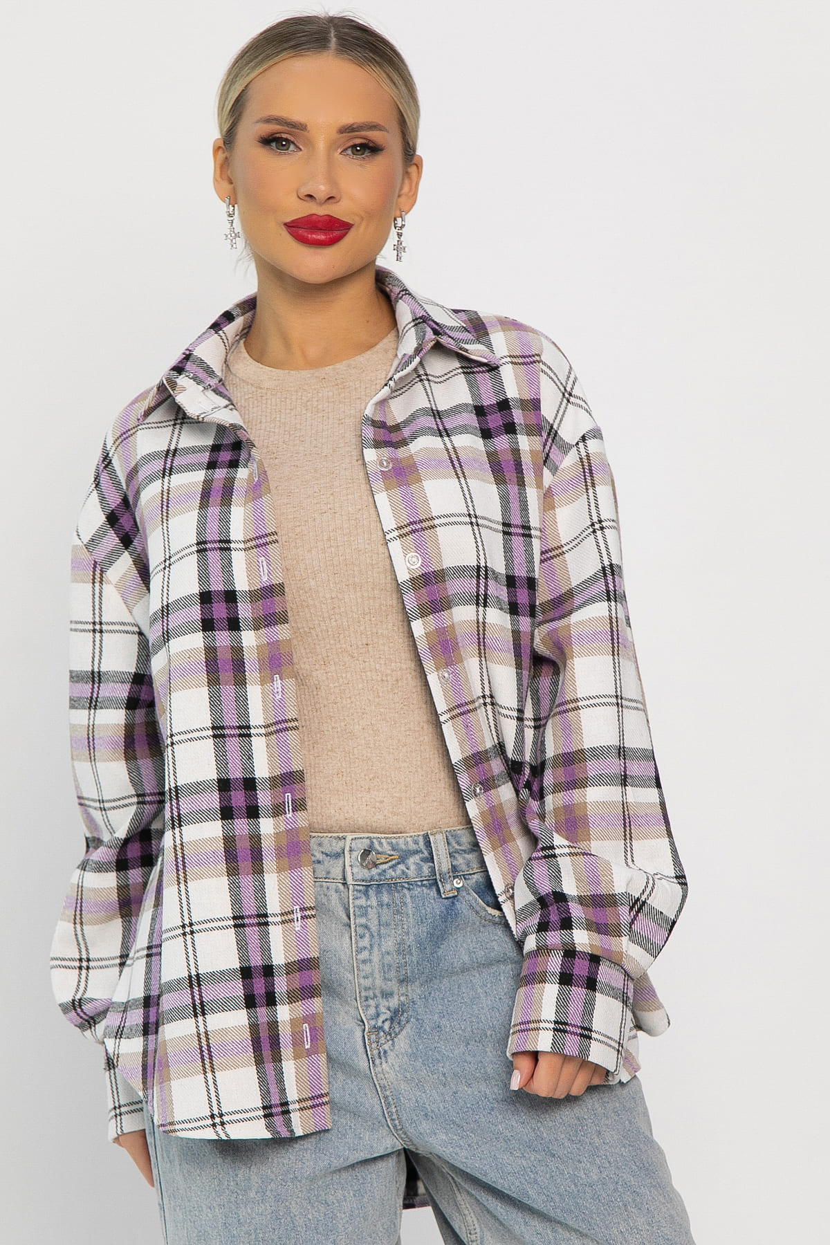 Рубашка оверсайз Дарика (бело-сиреневая) Б14253-30М