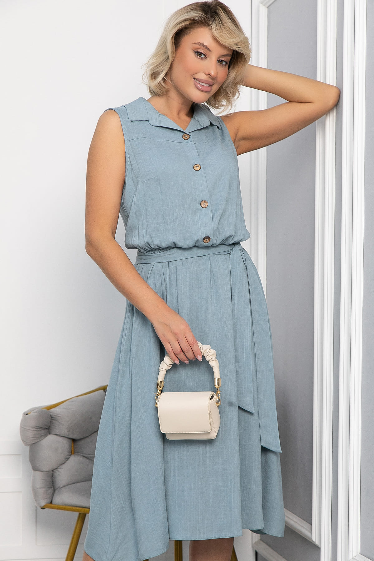 Платье с кокеткой (серо-голубое) П10489