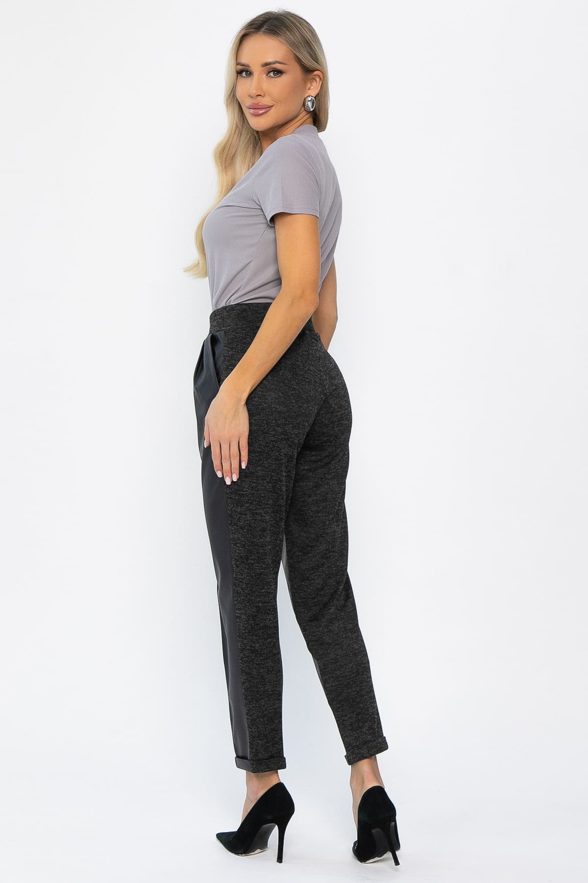 Брюки с кожаной вставкой Дарнель (черные) Б14349-10М