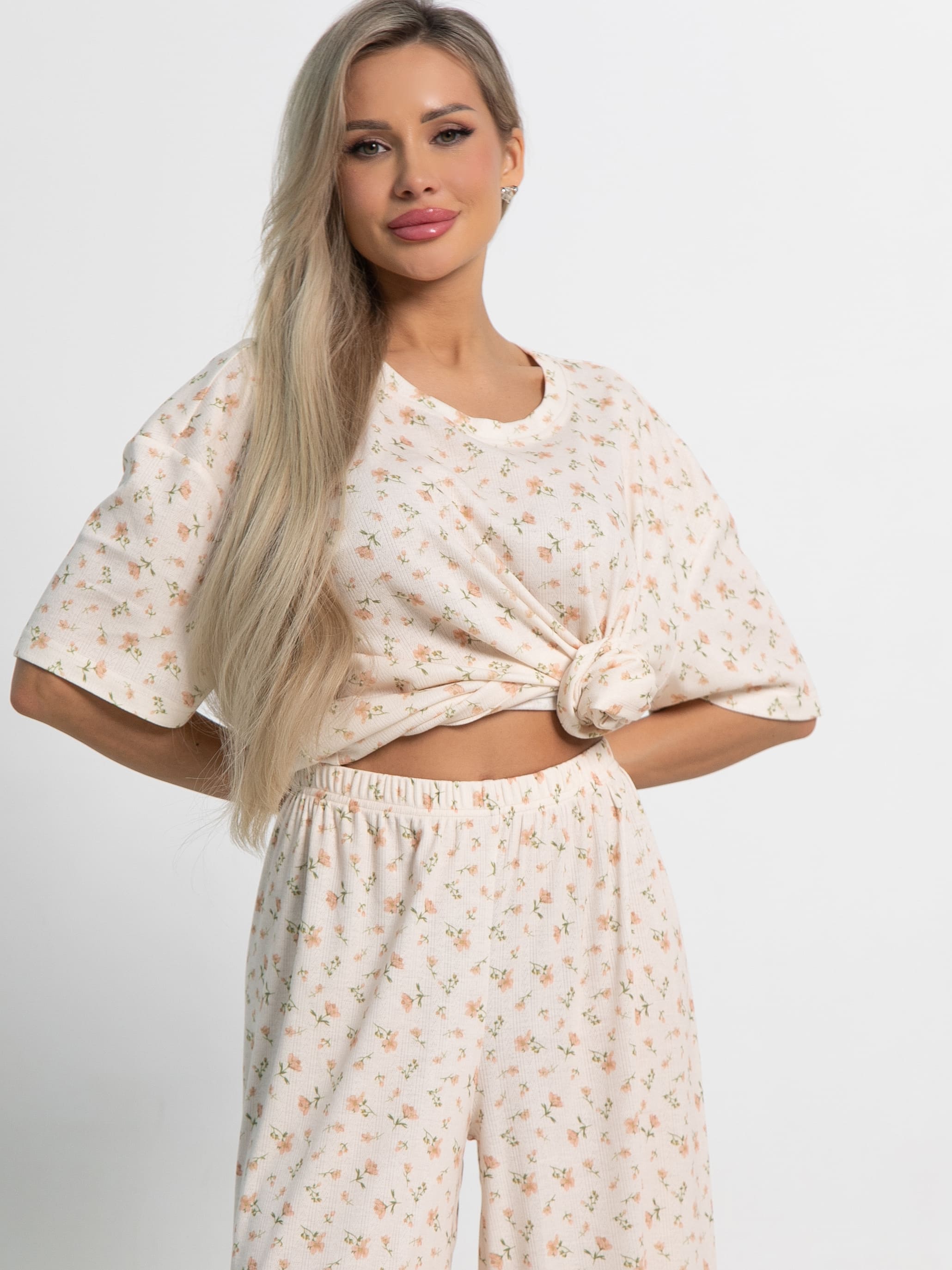 Костюм домашний с брюками Мона (бежево-розовый) К15211-1М