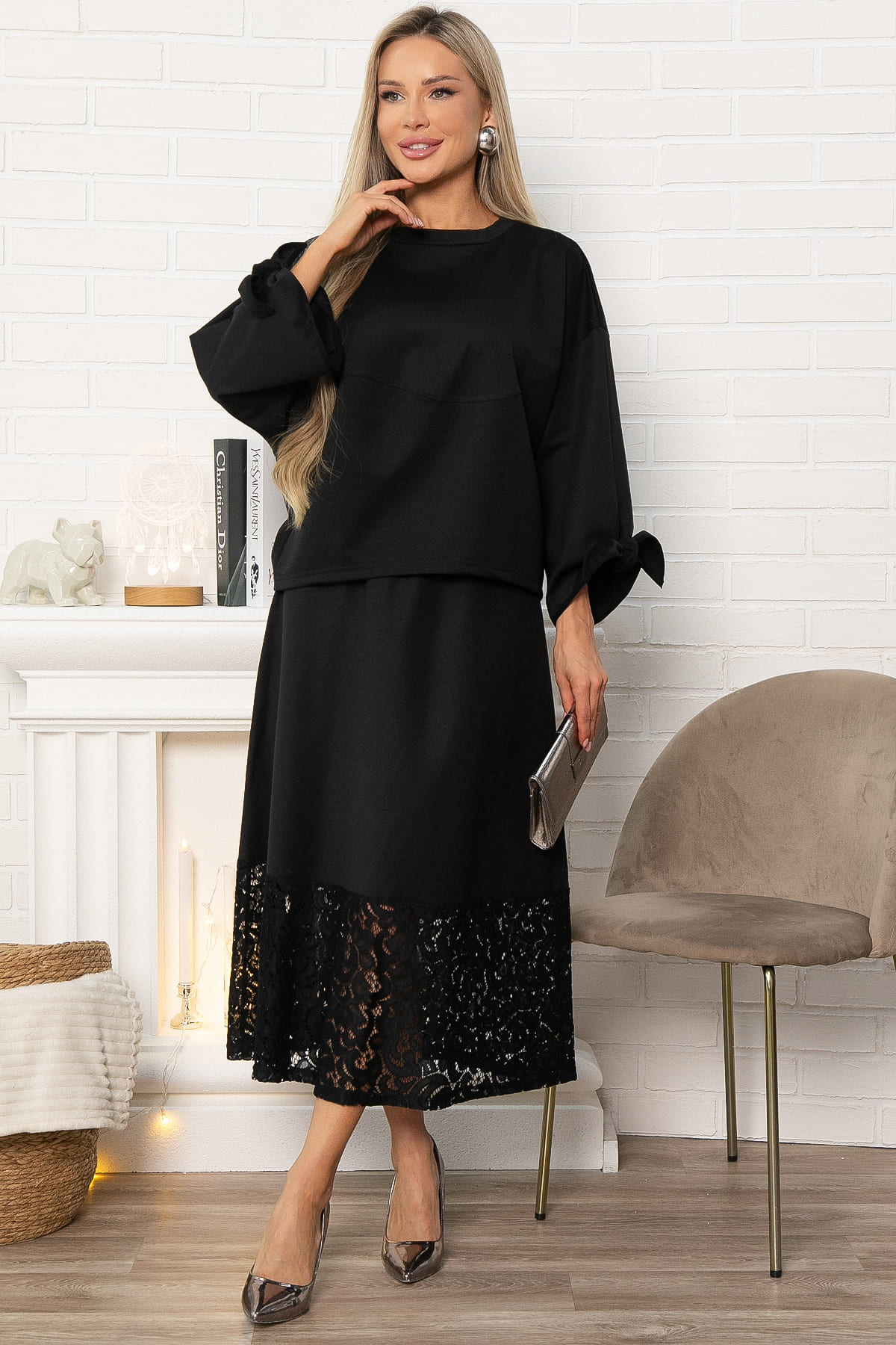 Юбка с кружевом Элегия (черная) Ю14913-10М
