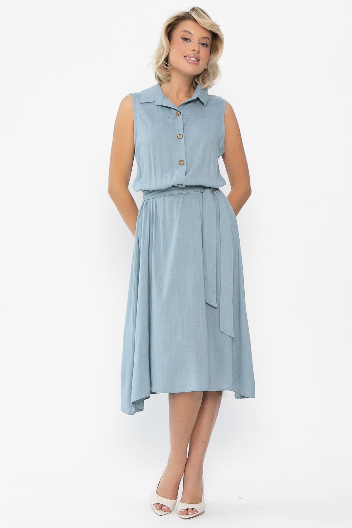 Платье с кокеткой (серо-голубое) П10489