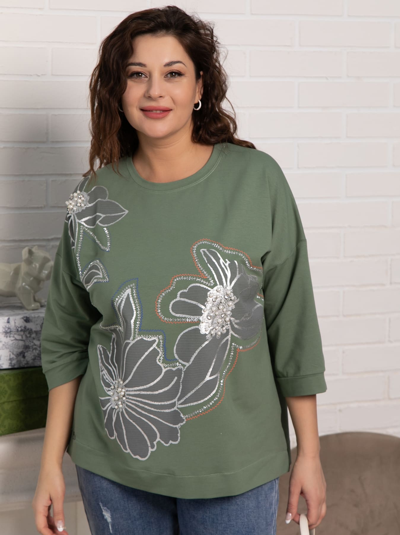 Блуза Цветочная рапсодия (зеленая) Б15312-18М