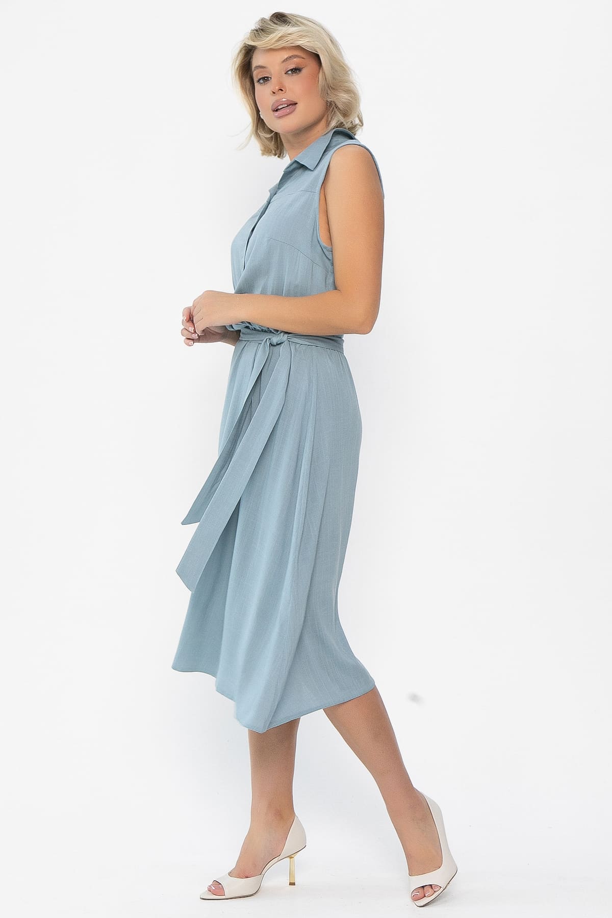 Платье с кокеткой (серо-голубое) П10489