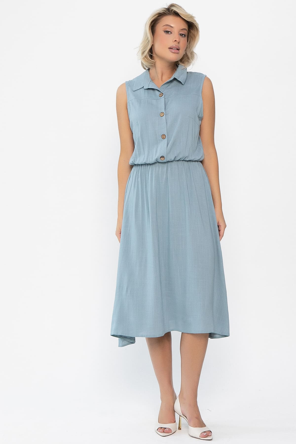 Платье с кокеткой (серо-голубое) П10489