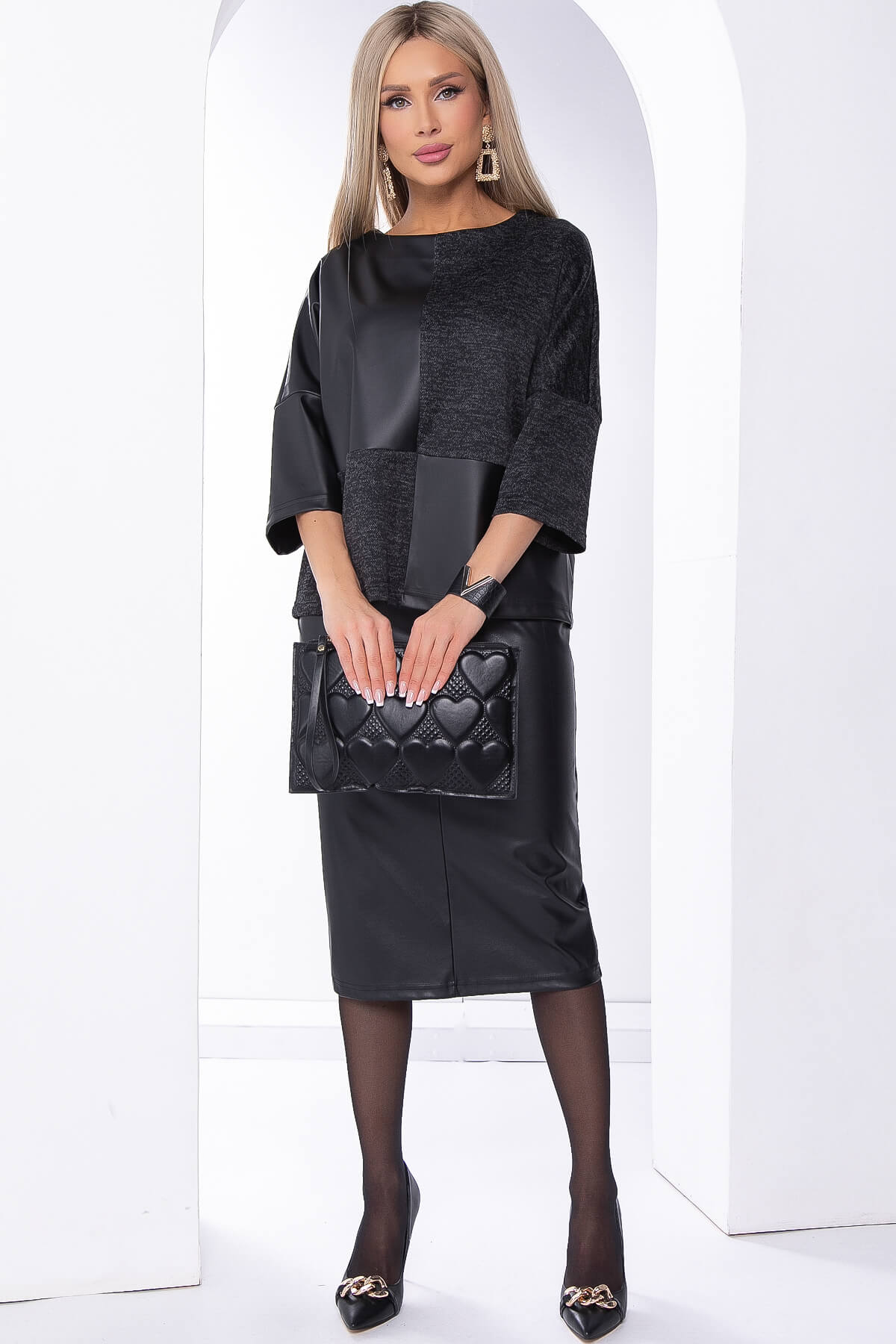 Джемпер комбинированный (экокожа/черный меланж) Б8271