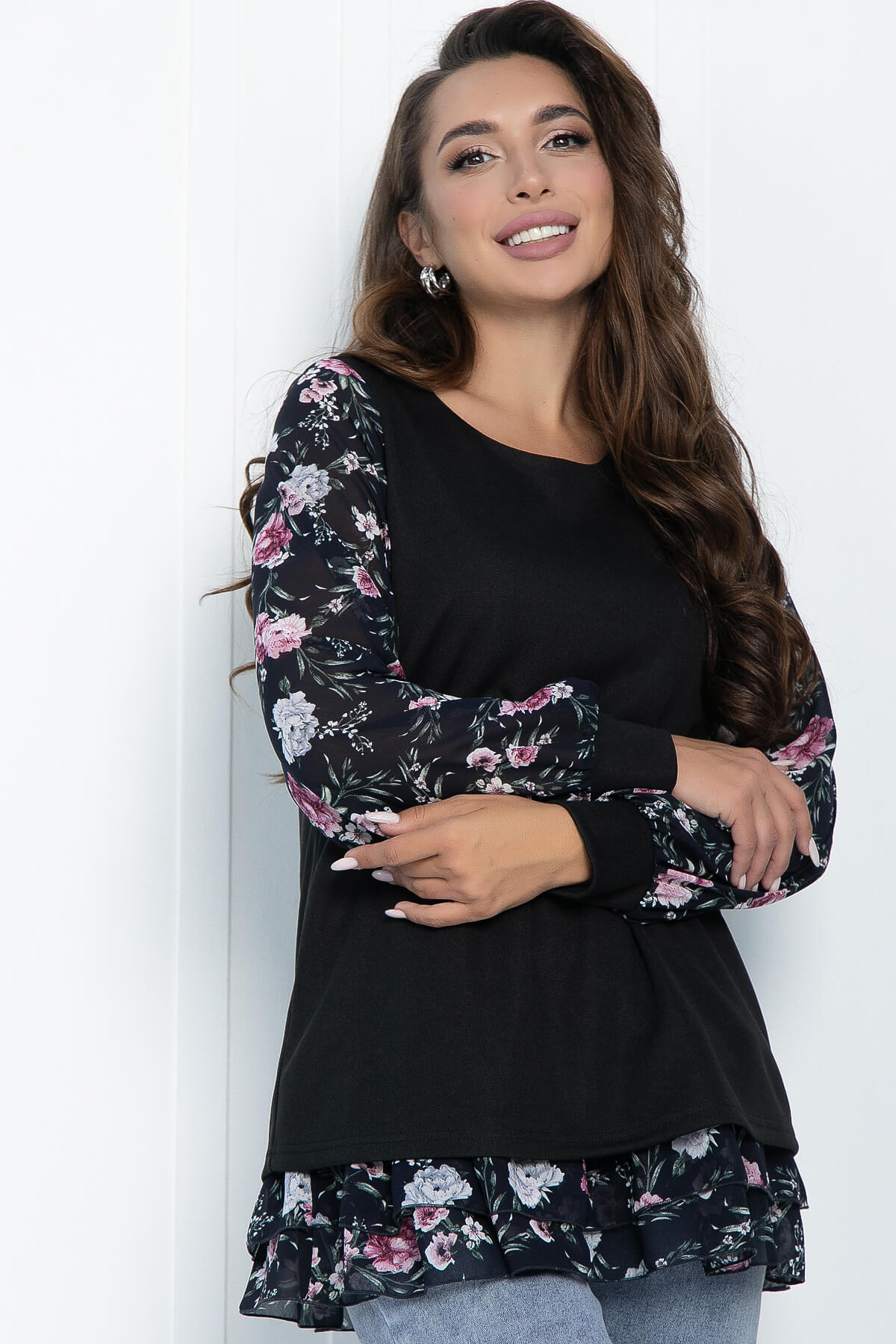 Блуза Хелли (черная/пионы) Б11363