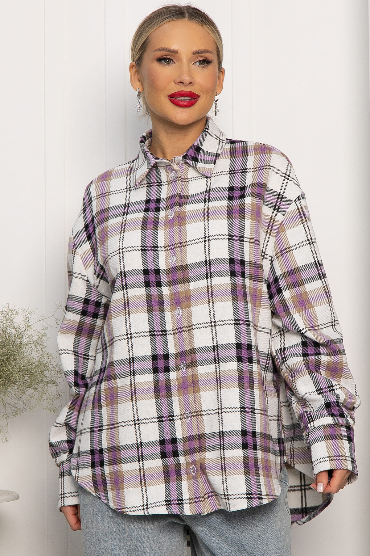 Рубашка оверсайз Дарика (бело-сиреневая) Б14253-30М