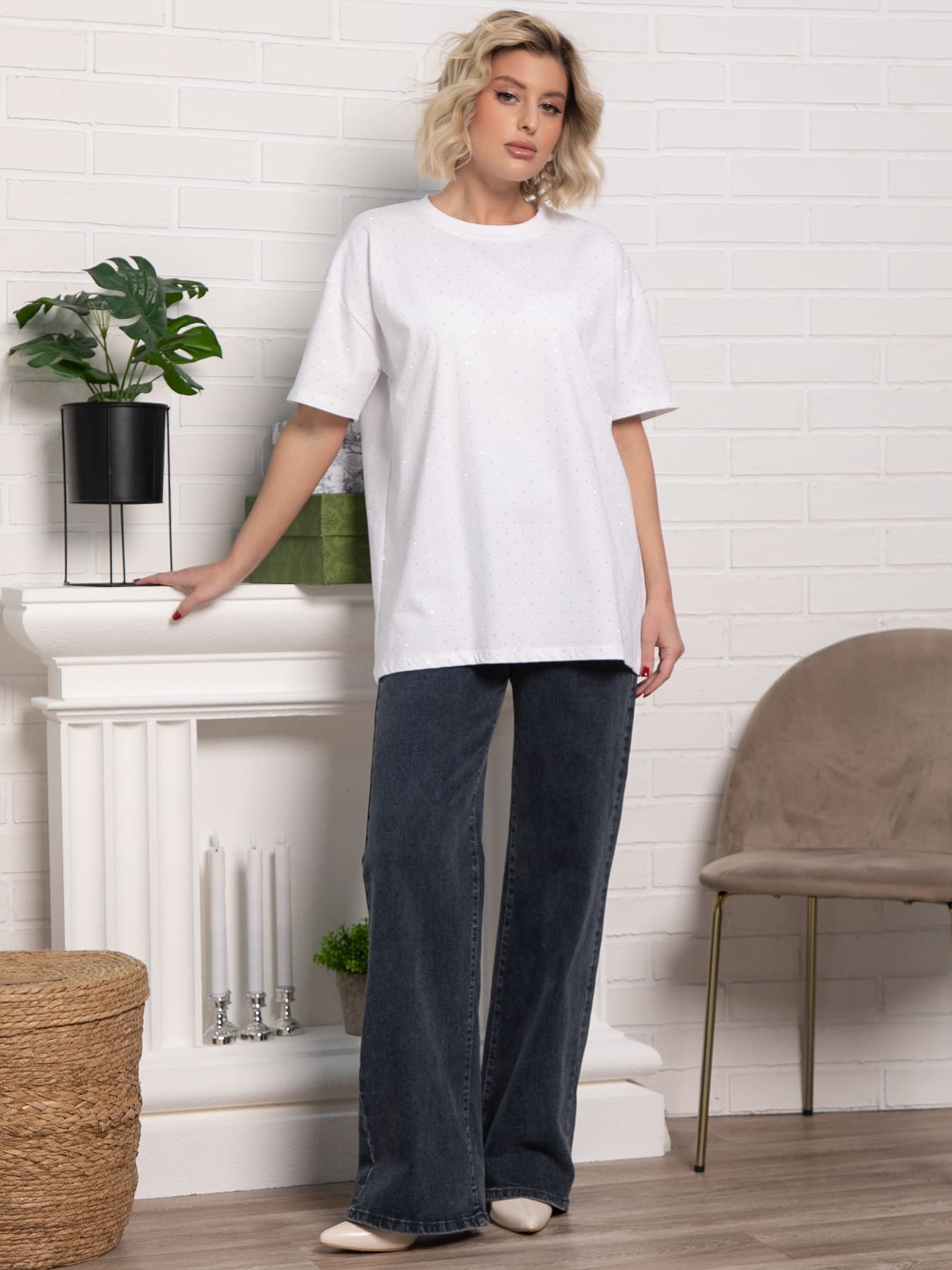 Футболка Ия (белая/стразы) Б15235-4М