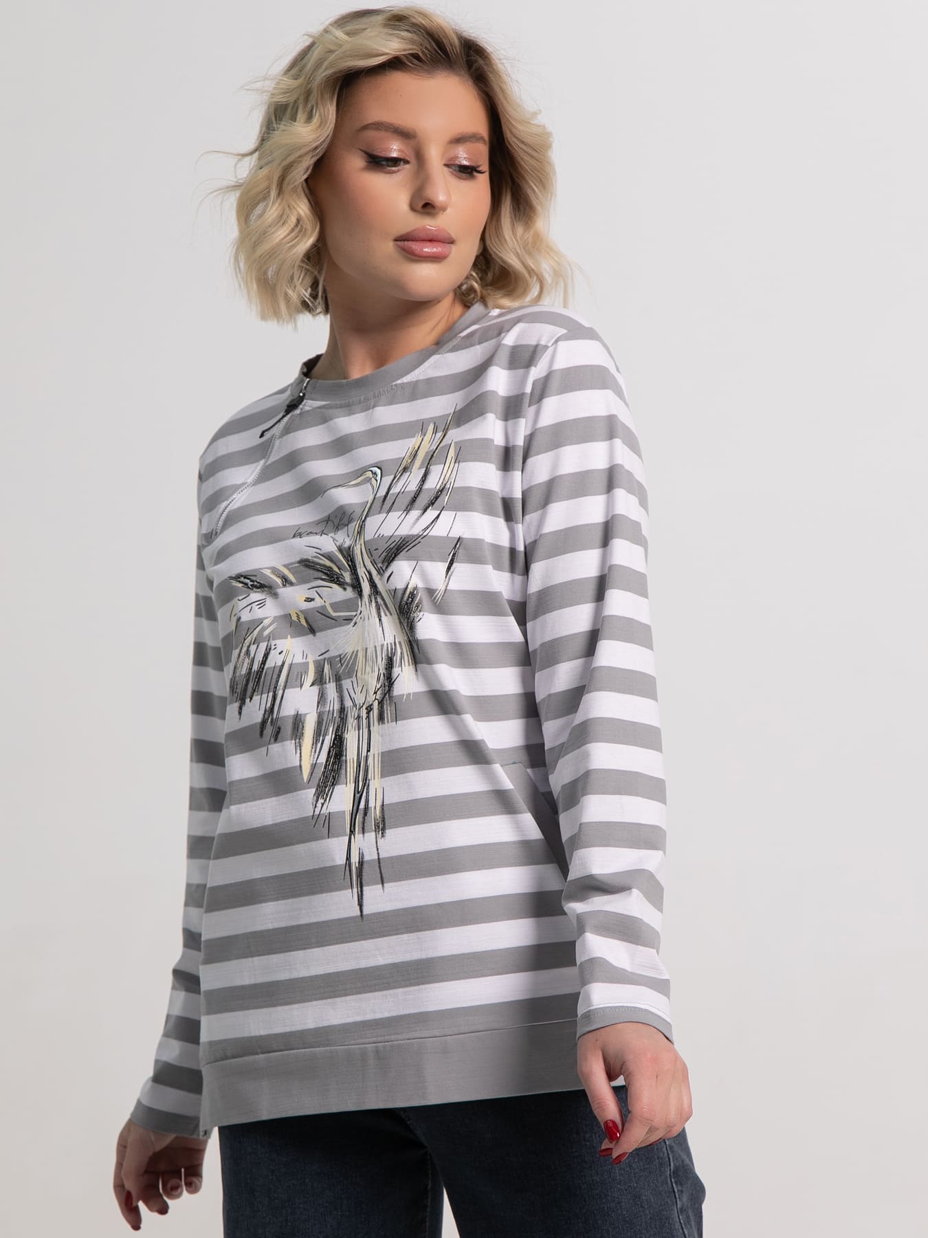 Блуза Журавлиная песня (бело-серая) Б15285-18М