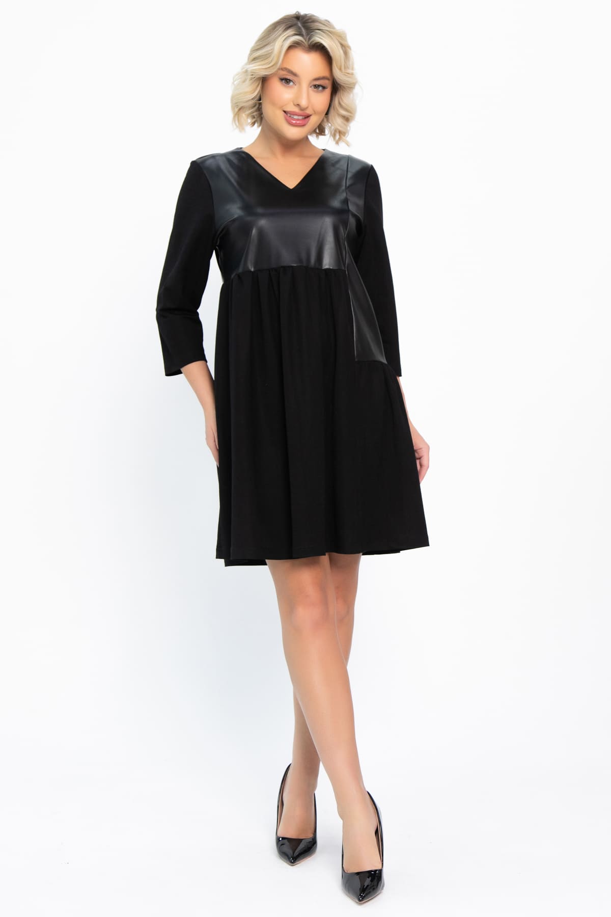 Платье со вставками из экокожи Эллис (черное) П14724-8М