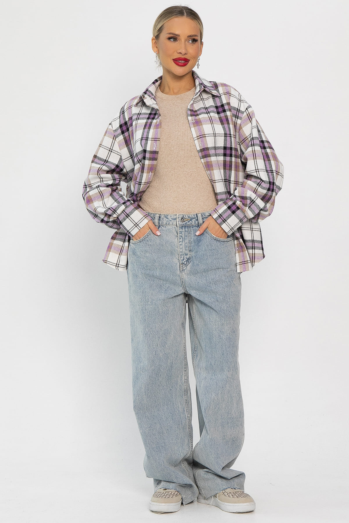 Рубашка оверсайз Дарика (бело-сиреневая) Б14253-30М