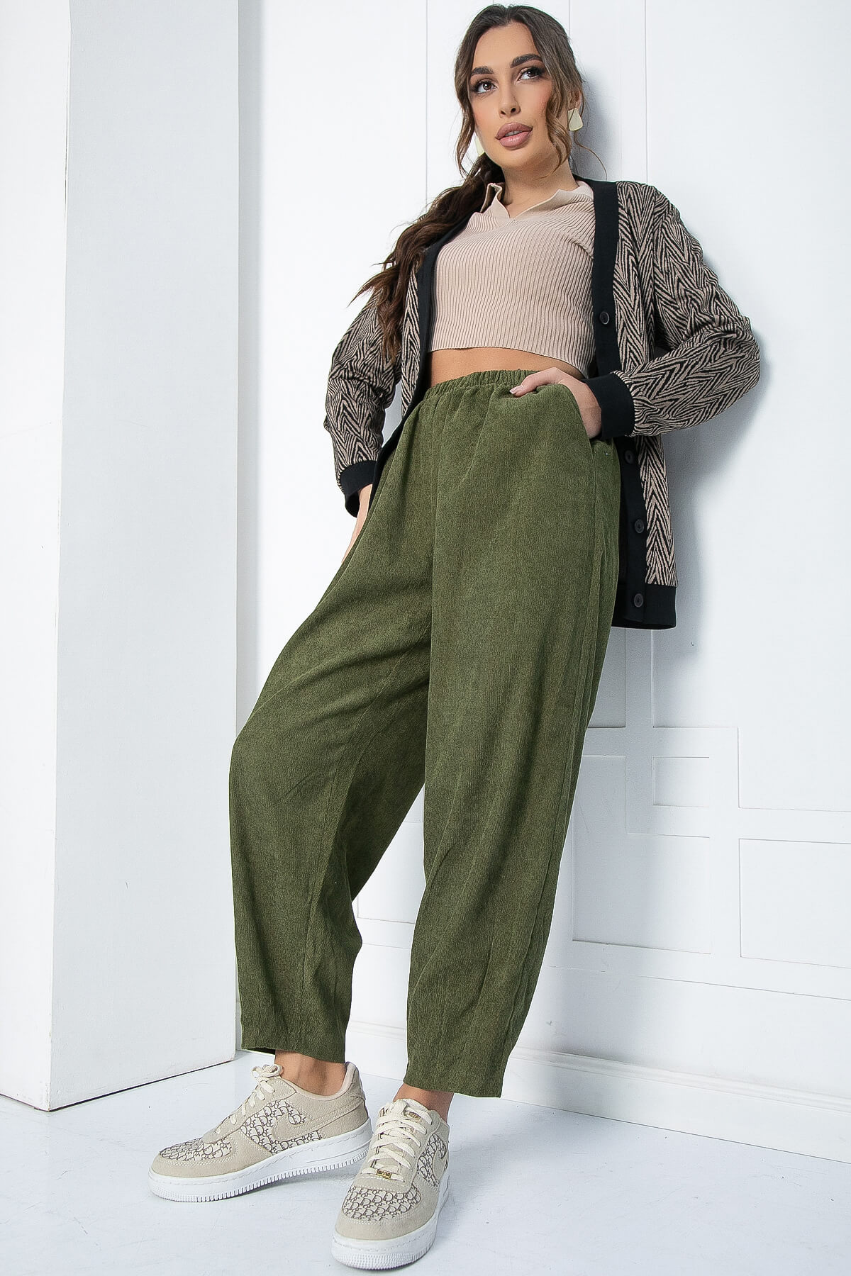 Брюки бохо широкие (хаки) Б10844