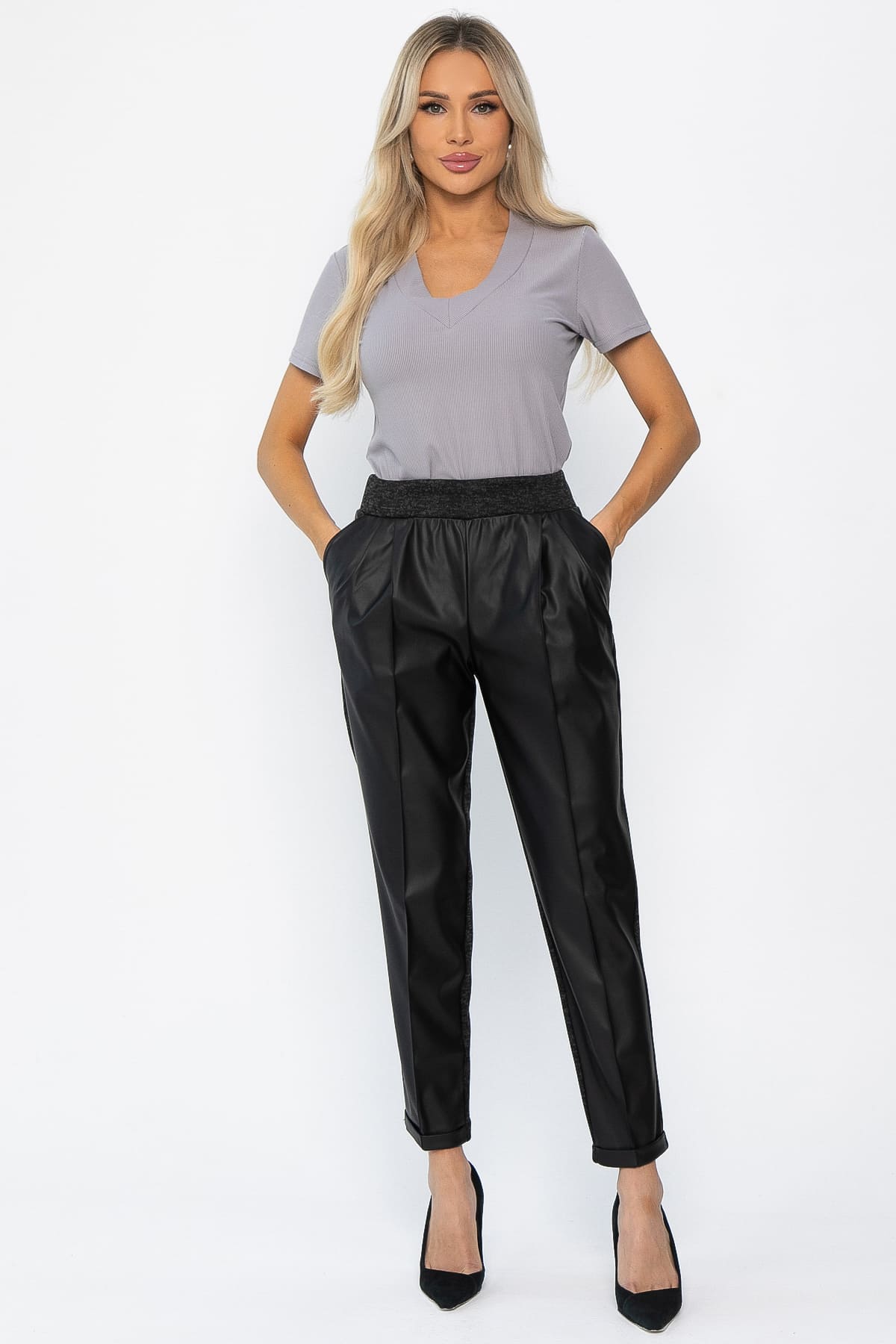 Брюки с кожаной вставкой Дарнель (черные) Б14349-10М