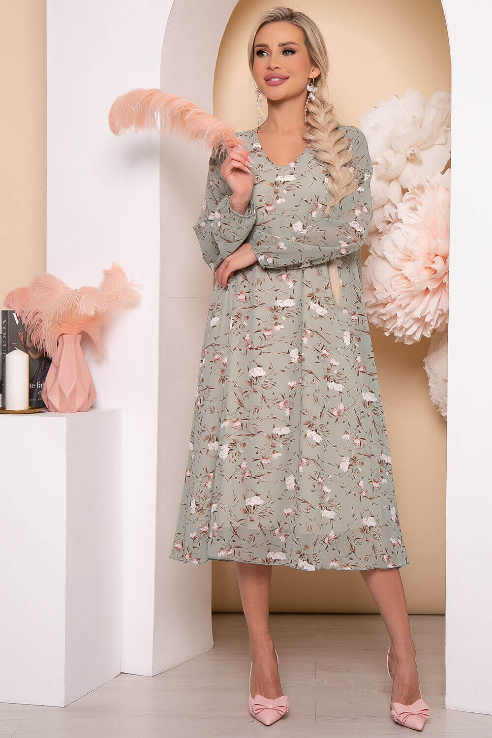 Платье "Волшебная история" (олива/цветы) П5778