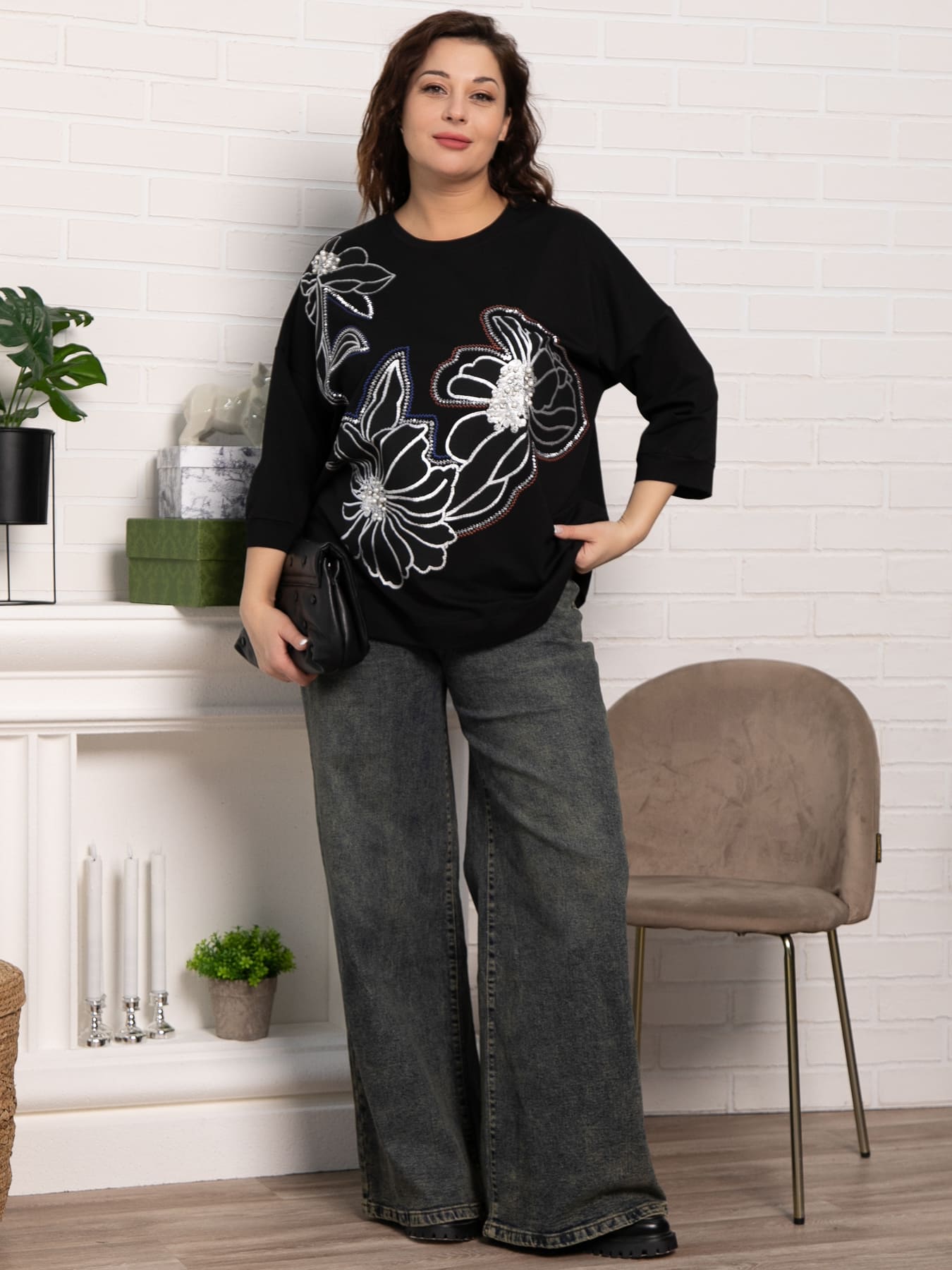 Блуза Цветочная рапсодия (черная) Б15311-18М