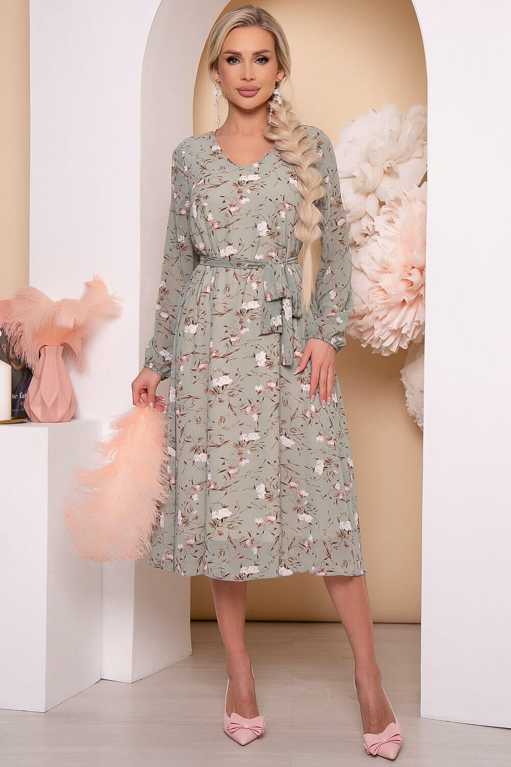 Платье "Волшебная история" (олива/цветы) П5778