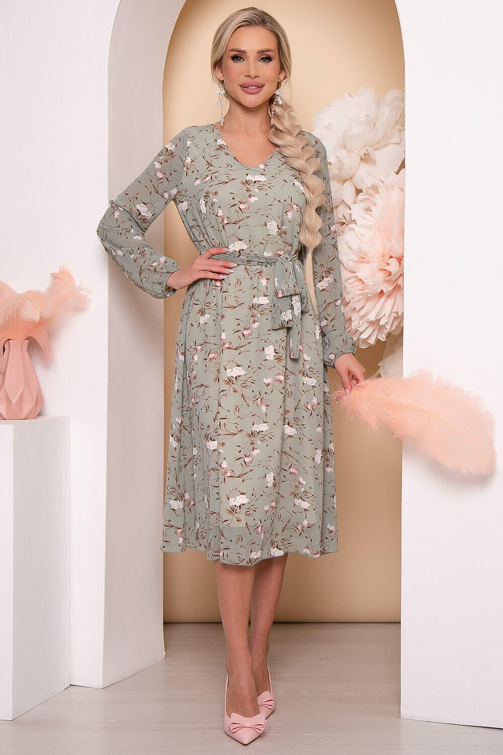 Платье "Волшебная история" (олива/цветы) П5778