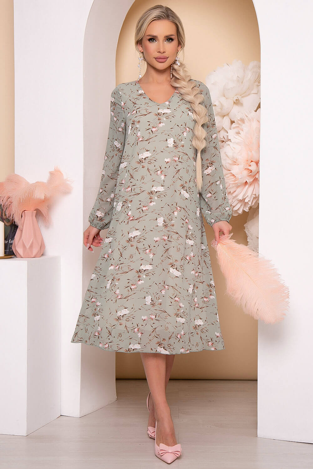 Платье "Волшебная история" (олива/цветы) П5778