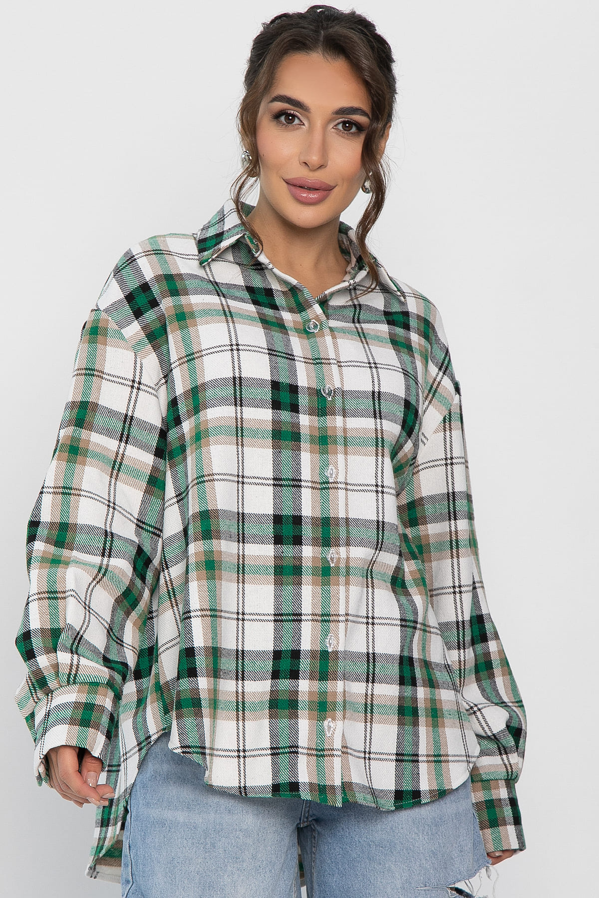 Рубашка оверсайз Дарика (бело-зеленая) Б14263-30М