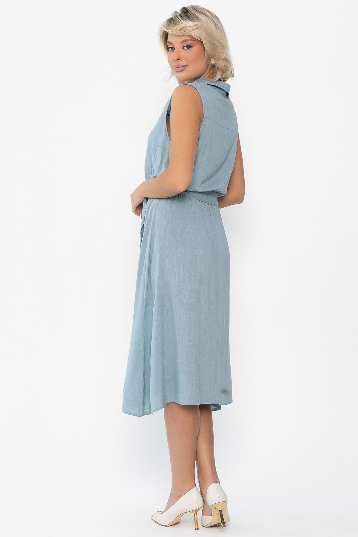 Платье с кокеткой (серо-голубое) П10489