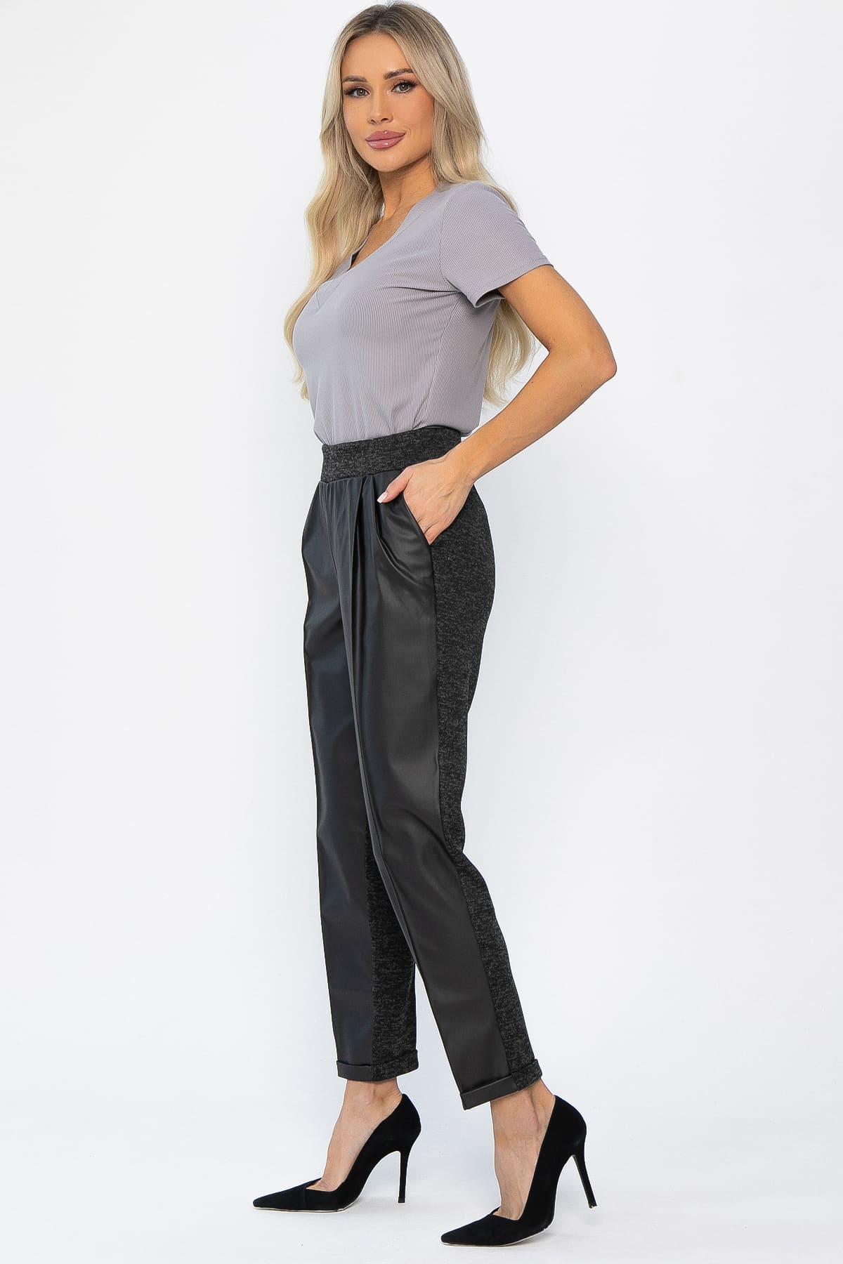 Брюки с кожаной вставкой Дарнель (черные) Б14349-10М