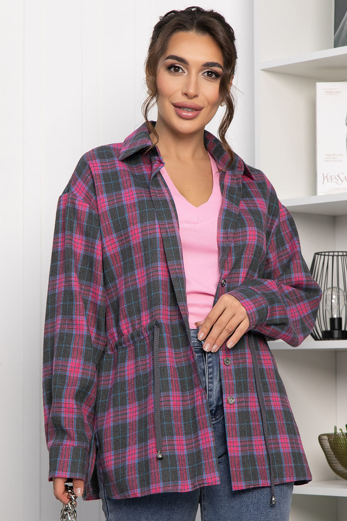 Рубашка хлопковая Джанет (розово-серая) Б14273-4М